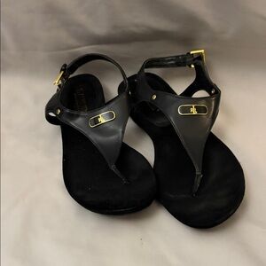 Ralph Lauren Black Leather T-Strap Sandals with Gold Accents